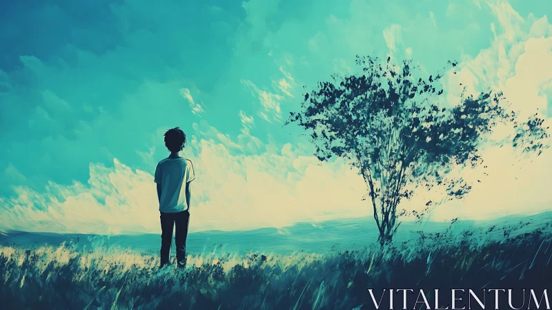 Solitary figure studies windswept tree under cyan sky