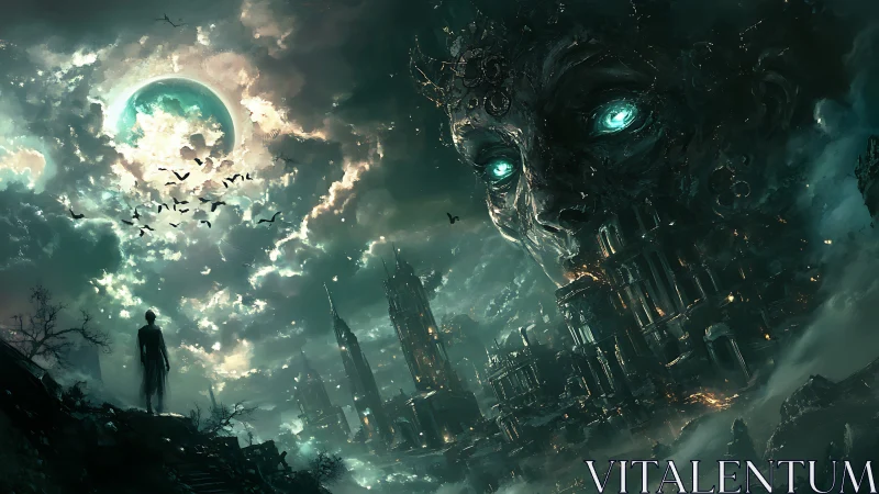 Moonlit wanderer meets a colossal glowing-eyed city god