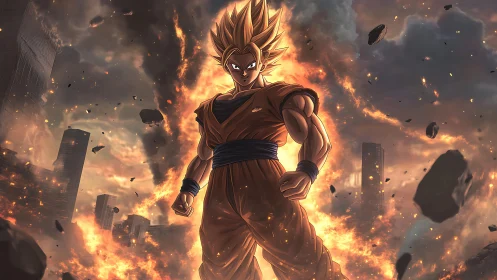 Fiery anime warrior standing strong in a crumbling cityscape.