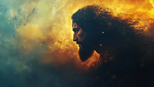 Profile view shows bearded male figure in dense fiery haze