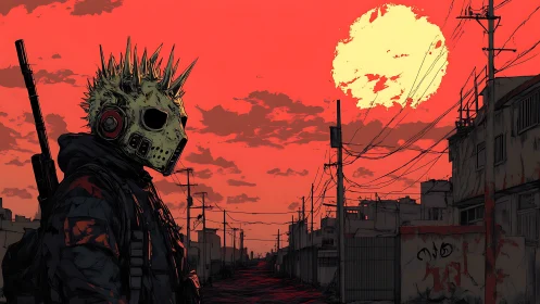 Masked armed figure in deserted urban street at sunset.