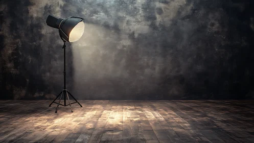 Studio spotlight on worn wooden floor, dark wall backdrop.