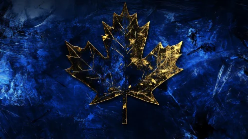Golden maple leaf silhouette over textured blue field.