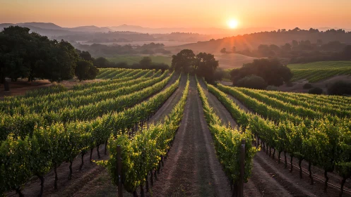 Sunlit vineyard rows stretch across rolling valley hills.