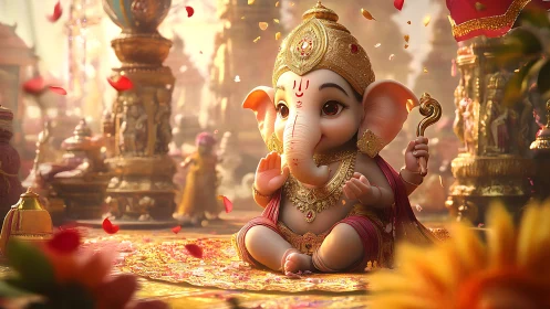 Gentle baby Ganesha resting in golden temple glow.