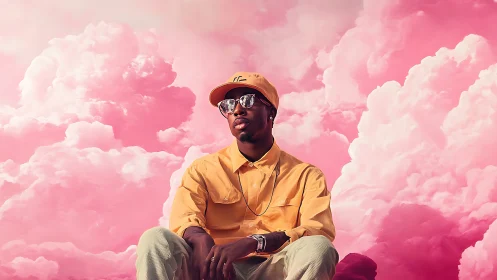 Man in yellow streetwear sits before stylized pink clouds