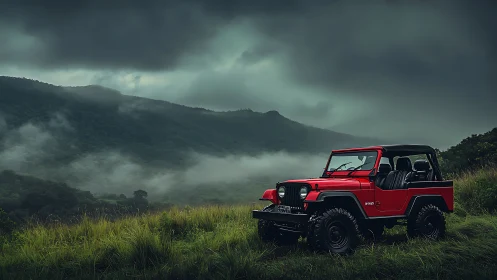Red offroad jeep cuts through misty mountain valley storm