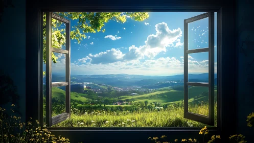 Wide open window framing luminous spring valley panorama