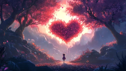 Silhouetted figure confronts luminous heart within crystalline canyon landscape.