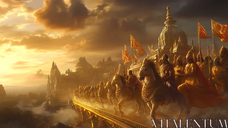 Golden cavalcade advances along celestial rampart at dusk