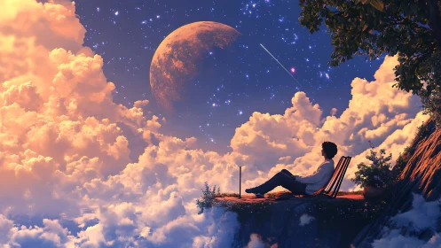 Solitary dreamer on cliff edge beneath nebula sky and moon