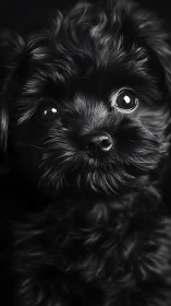 Close-up portrait of small black dog against dark background.