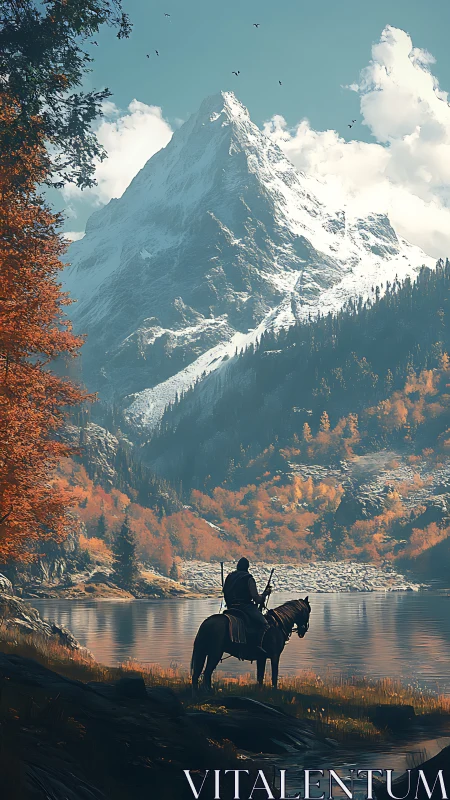Lone rider gazes across alpine lake beneath towering peak