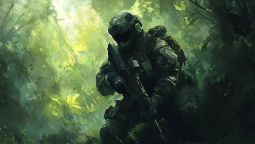 Armored soldier holds rifle while advancing through dense jungle