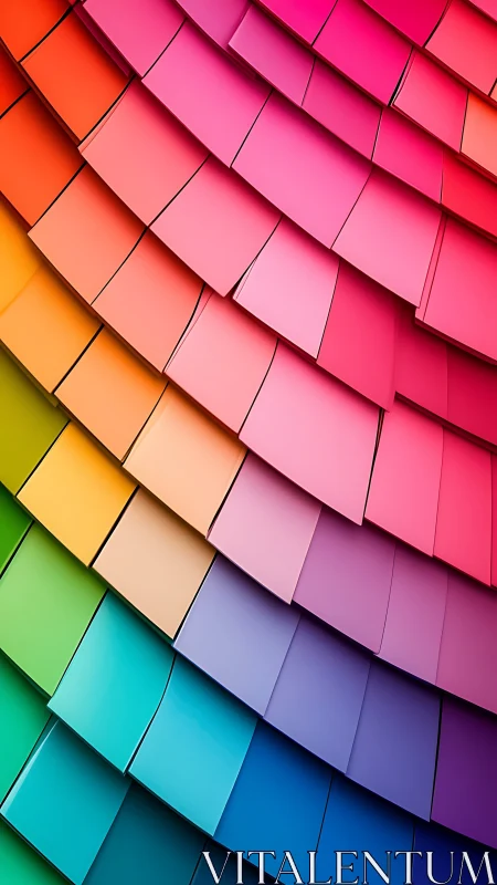 Curved grid of overlapping rainbow panels forms layered arc