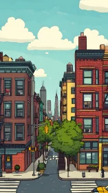 Sunlit city canyon where brick towers cuddle the blue sky.