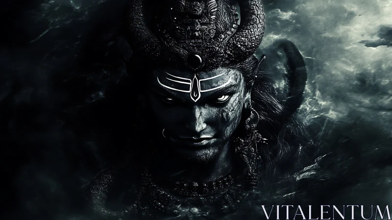 Monochrome horned deity portrait emphasizes high-contrast chiaroscuro lighting