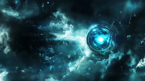 Celestial data vortex swirling through stormlit clouds.