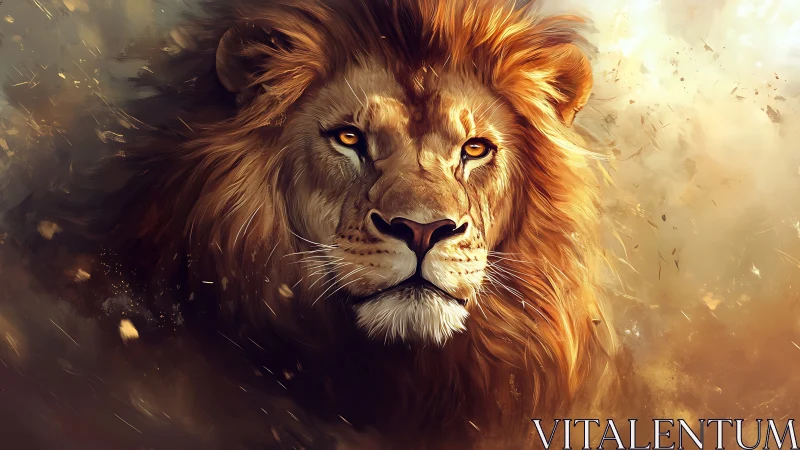 Majestic lion portrait in fiery golden digital painting.