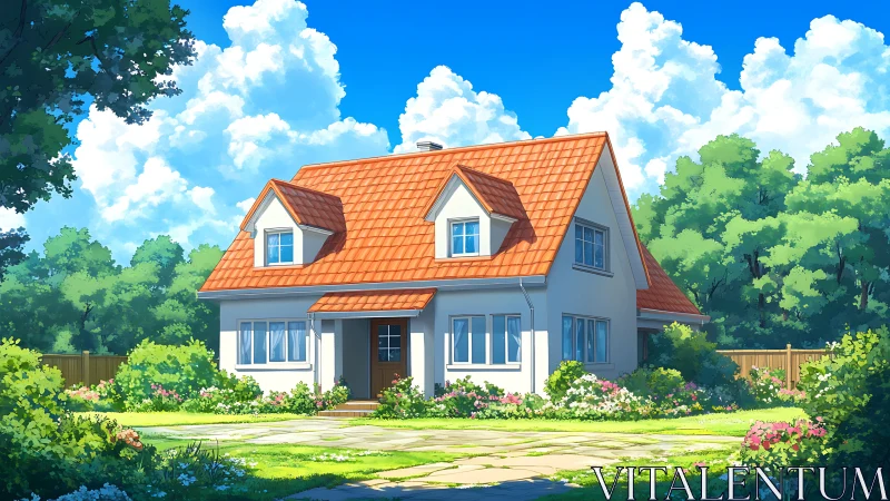 Sunny cottage stands amid lush garden and bright blue sky.