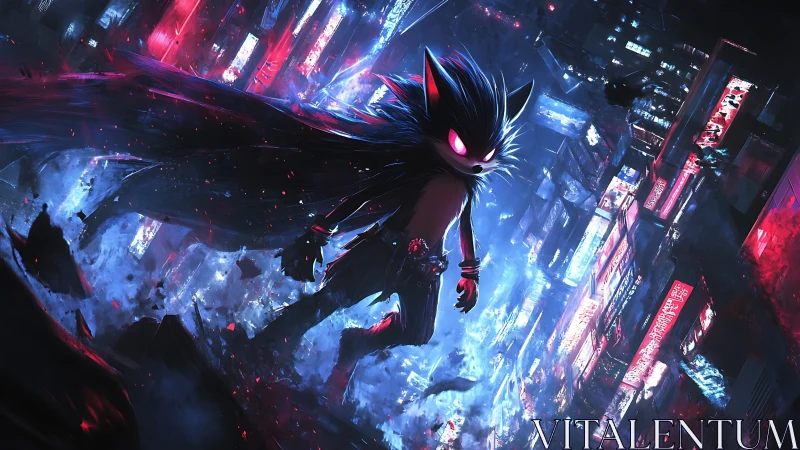 Cyberpunk hedgehog antihero over neon city canyon.