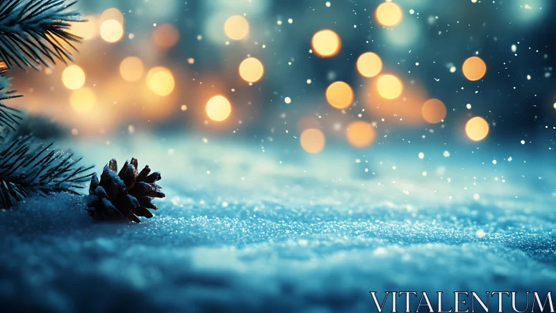 Snow covered pinecone sits on icy ground with blurred lights