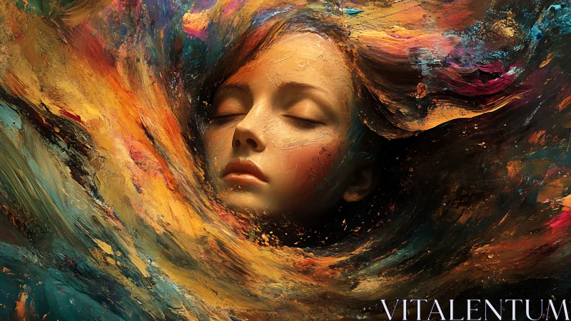 Dreaming face adrift in a swirling ocean of paint and light.