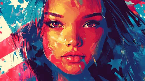 Vibrant digital portrait overlays a stylized American flag backdrop