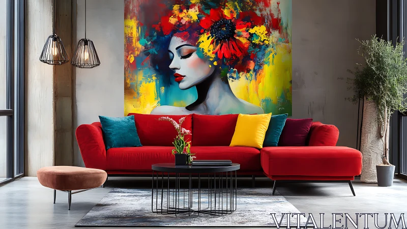 Contemporary loft lounge with bold abstract portrait focal point.