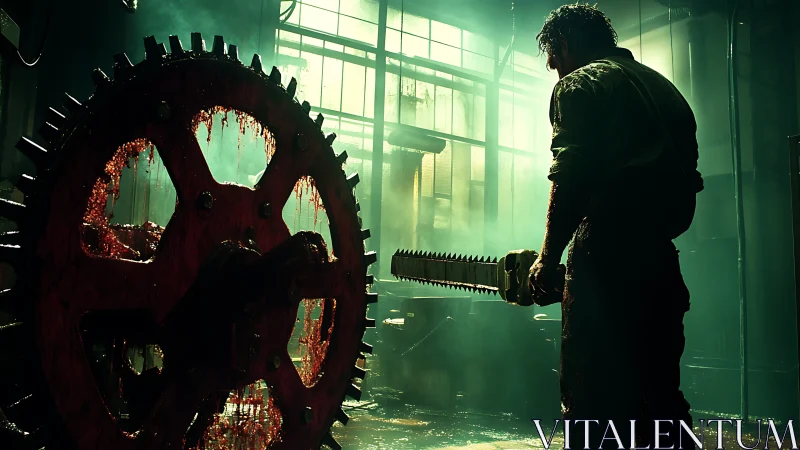 Bloodstained gear dominates smoky industrial kill floor.