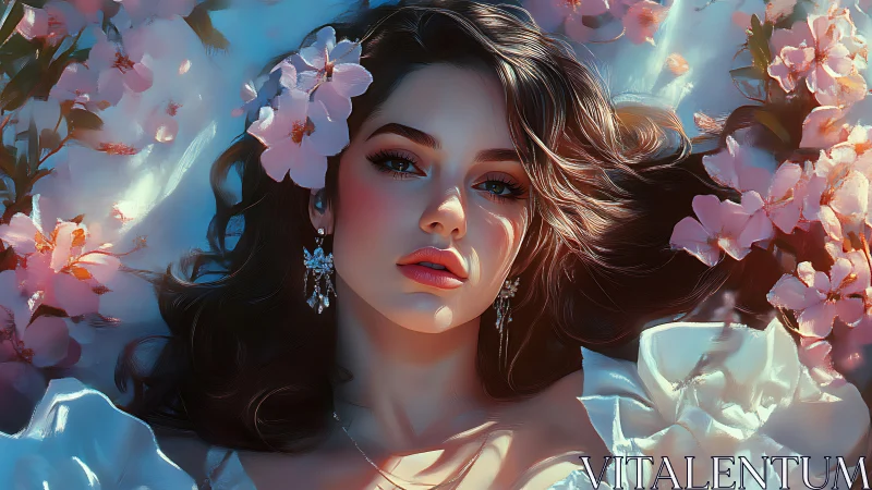 Digital painting portrait of woman amid luminous blossoms.