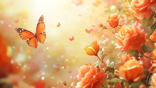 Orange butterfly and roses in glowing spring light scene.