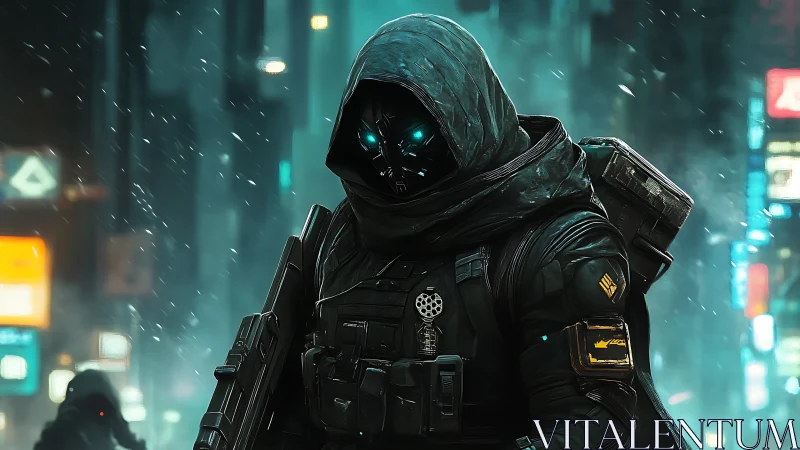 Cloaked cybernetic soldier in neon lit urban streetscape.