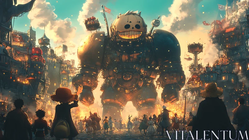 Colossal steam mech entering densely lit festival cityscape.