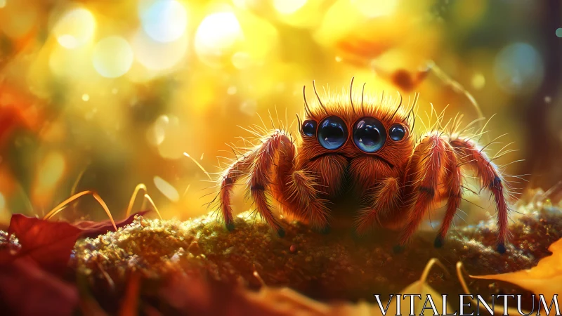 Fluffy orange spider gazes softly in glowing forest light.