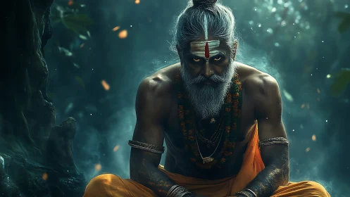 Digital painting of intense ascetic guru in misted forest chamber.