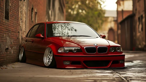 Stanced red BMW sedan lowered on alleyway pavement at dusk.