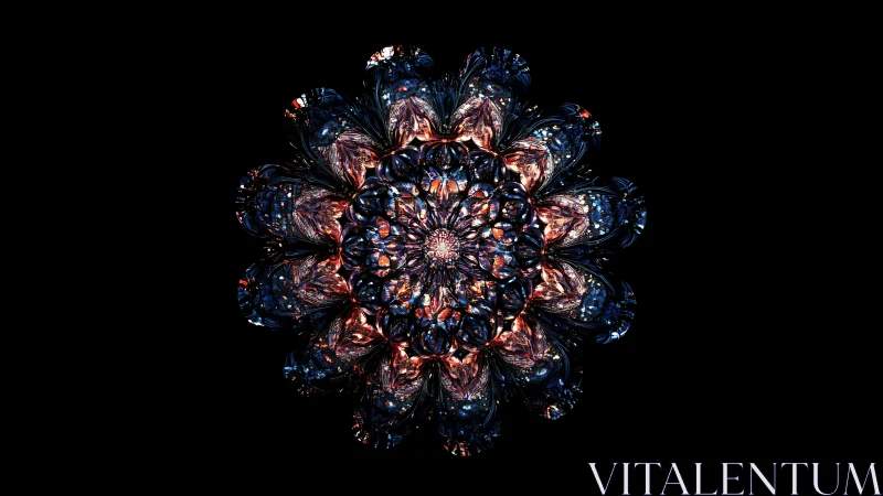 Fractal flower mandala with luminous glass petals on black.