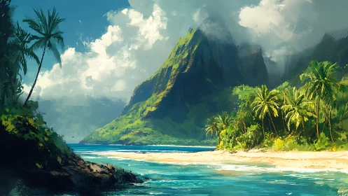 Majestic Tropical Paradise with Emerald Mountain and Turquoise Waters