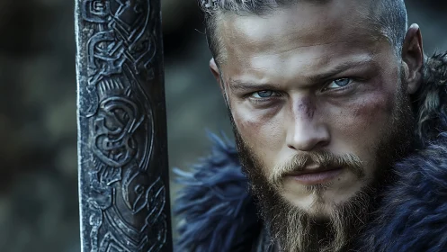 Storm-eyed Viking steadies a rune-forged blade before battle