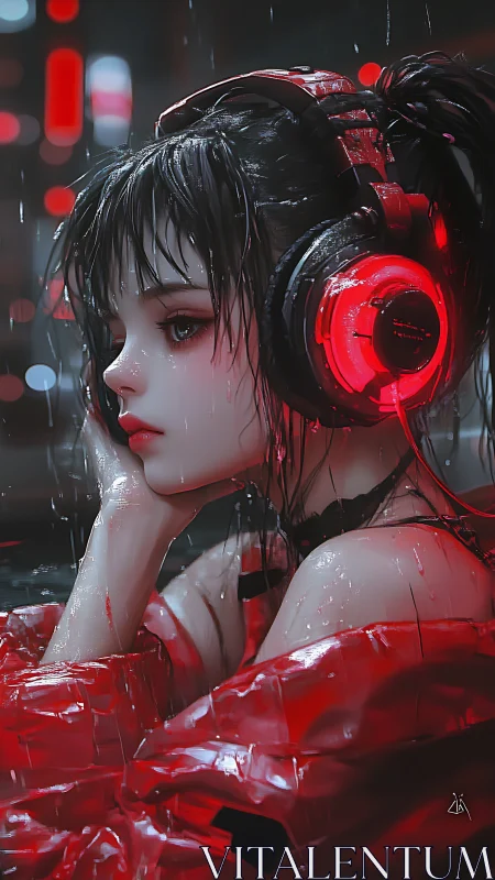 Rain‑soaked neon listener with red acoustic interface profile.