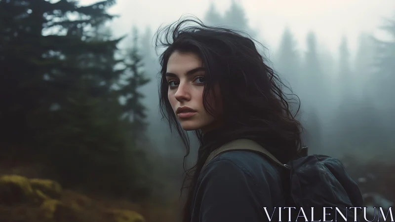 Moody backpacker portrait in misty conifer forest at dawn.