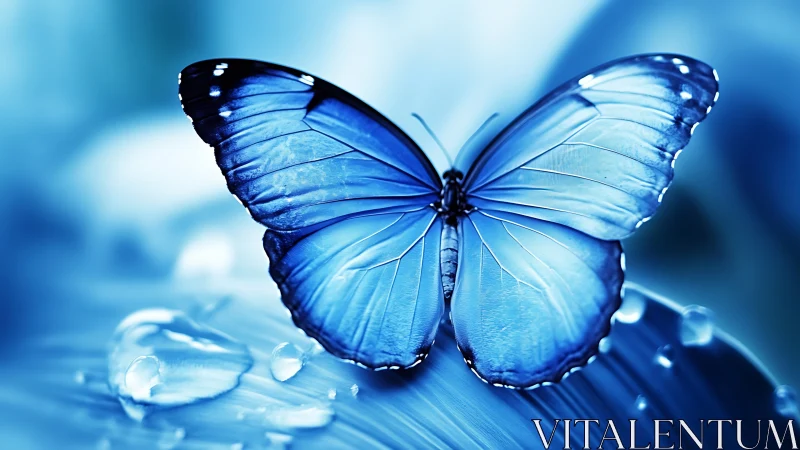 Iridescent blue butterfly poised on dew kissed leaf.