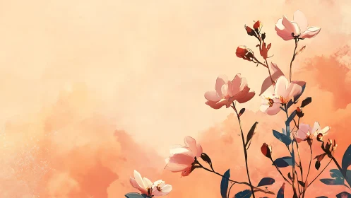Botanical Study in Watercolor Gradients: Pink Magnolias Against Warm Sunset.