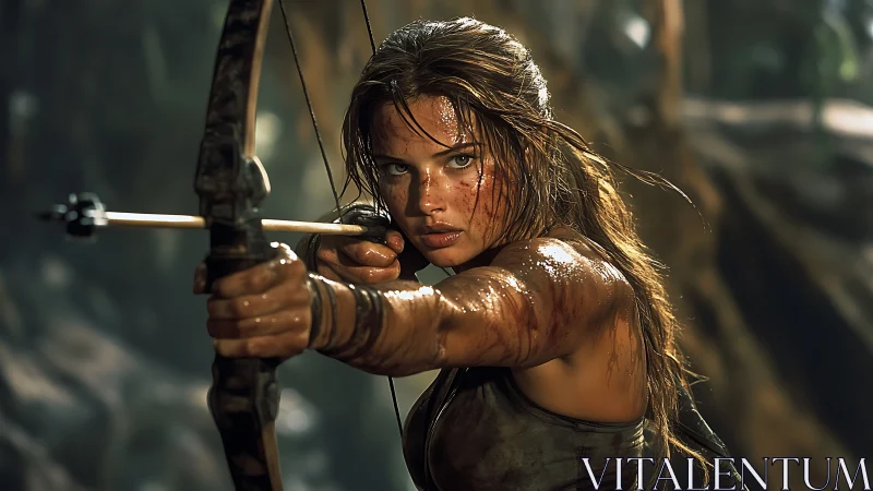 Determined female archer aiming bow in wet jungle scene.