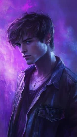 Brooding neon youth in moody violet portrait lighting.