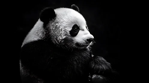 Panda in thoughtful profile against deep black background.