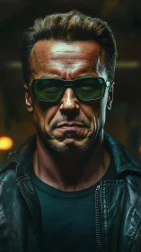 Steel-gazed biker locks the viewer in a neon-soaked stare