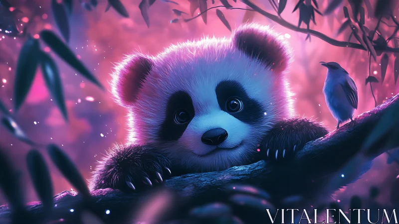 Moonlit baby panda daydreaming with a secret bird friend.