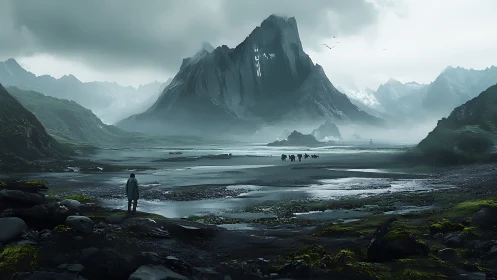 Solitary wanderer before storm-laden monolithic peak.